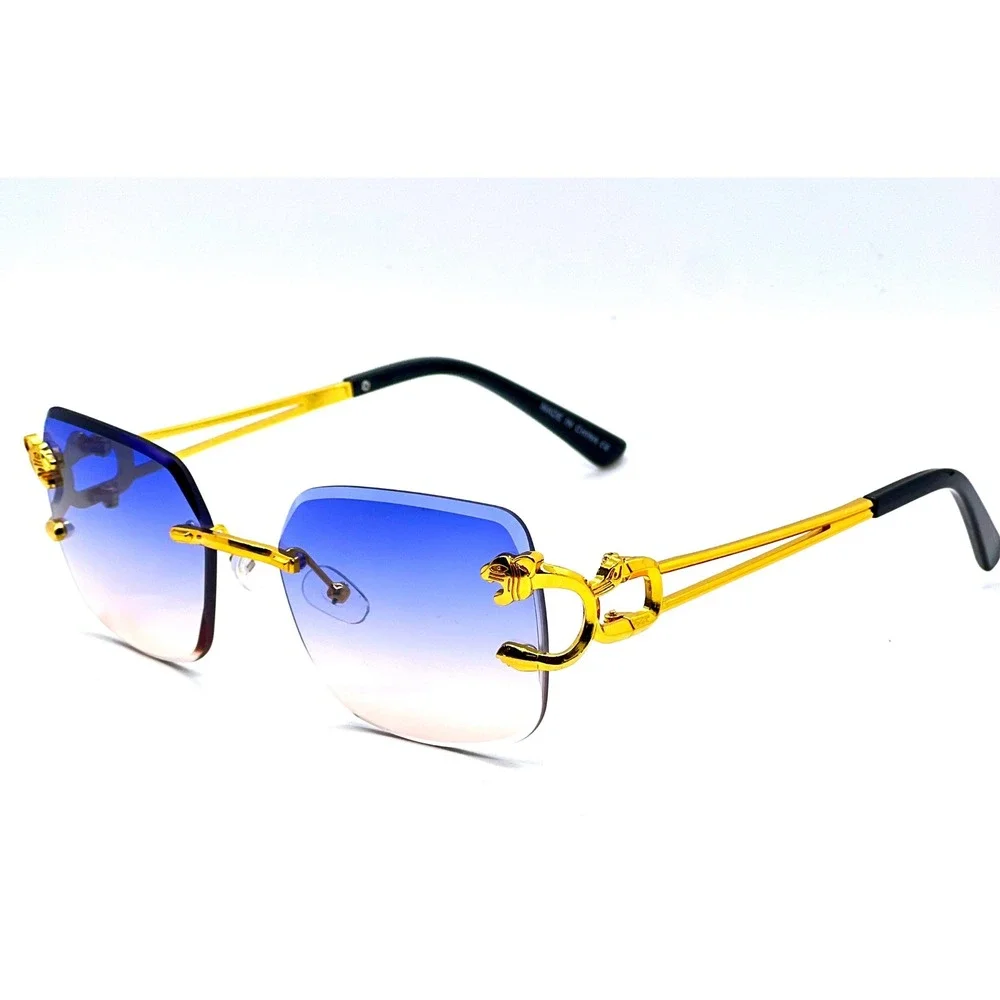 Rimless Sunglasses Gold Accents Blue Gradient Lens Fashion Shades Festival Party